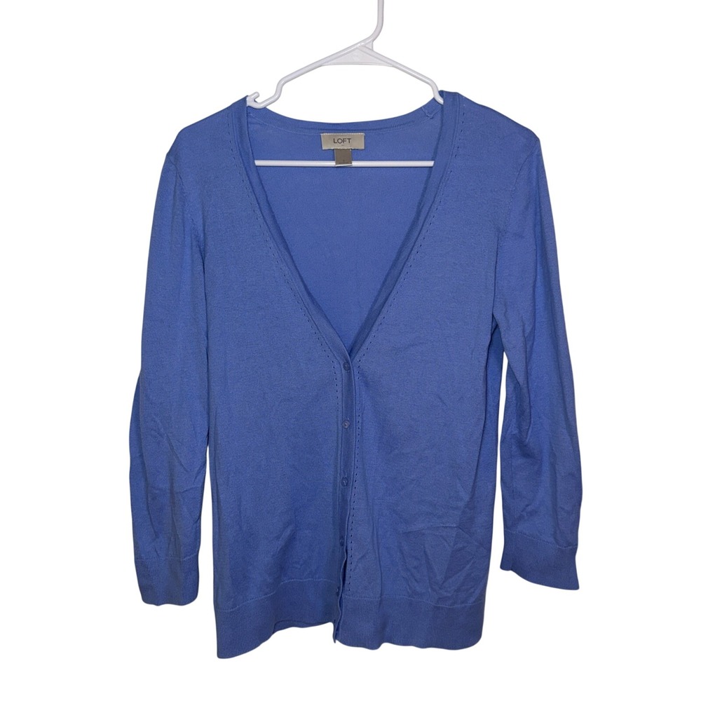 LOFT Womens‎ Blue V-Neck Pointelle Button Front Cardigan Size S Long Sleeve